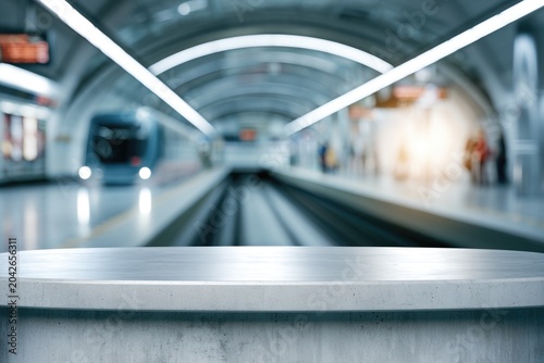 Modern subway platform with a sleek train arriving, featuring clean architectural lines and a futuristic tunnel design.