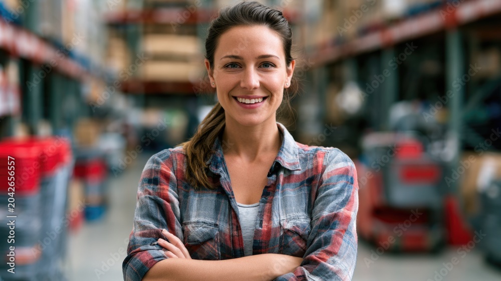 Obraz premium A confident woman in a plaid shirt stands with crossed arms in a warehouse, smiling at the camera.