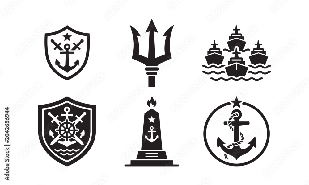 Fototapeta premium Six distinct black silhouette icons feature naval emblems, a trident, and a monument with maritime symbols