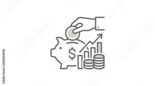 Hand depositing coin in piggy bank with growth chart.
