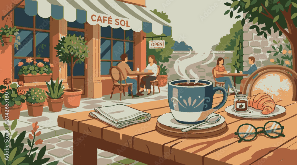 Fototapeta premium 2D Flat Vector Cozy cafe terrace with coffee croissant and people enjoying a meal outdoors