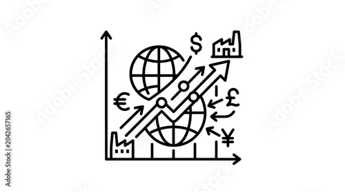 Global economic growth chart with currency symbols line art.