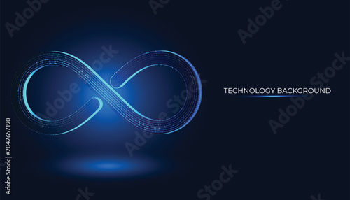 Foto Futuristic, bright blue infinity symbol representing continuous data looping, formed by luminous Dots, points of big data connected in a perpetual cycle