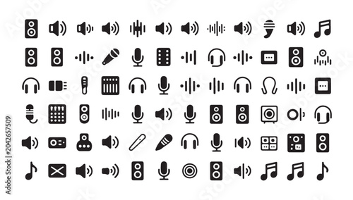Bild auf Leinwand Universal audio symbols set featuring musical notes sound waves microphones and speakers