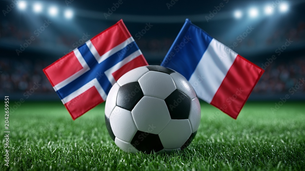 Naklejka premium Soccer ball on stadium grass between Norway vs France national flags, international football match concept under dramatic stadium lights