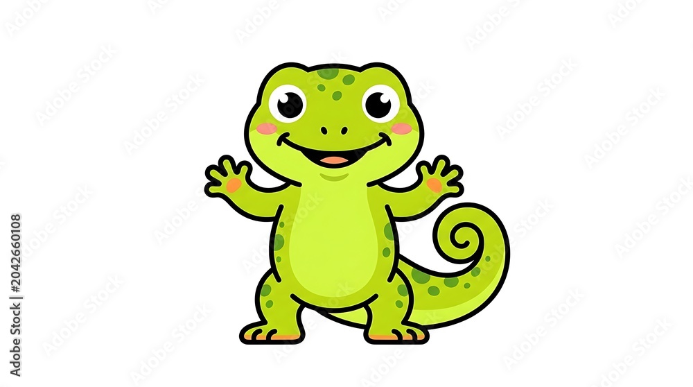 Obraz premium Cartoon green dinosaur character waving happily.