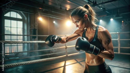 Female boxer doing shadow boxing inside a boxing ring boxer practicing her punches at a boxing studio