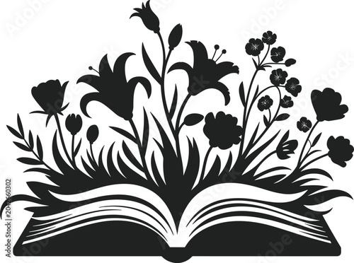 Open book with growing flowers silhouette, floral education concept, nature literature story icon, isolated graphic design element
