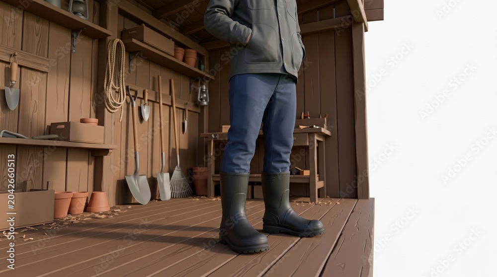 Fototapeta premium Man in rubber boots standing in a rustic shed with gardening tools