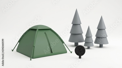 Green tent in forest with biohazard symbol and minimalist trees