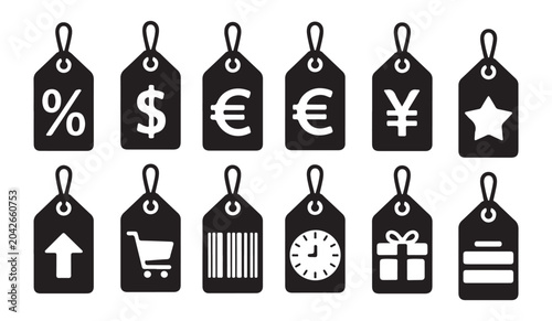 Set of black price tags with sale icons like percentage dollar euro yen star cart barcode gift.