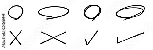 Bild auf Leinwand サインペンで描いたような手書きの丸とバツとチェックマークのイラストセット