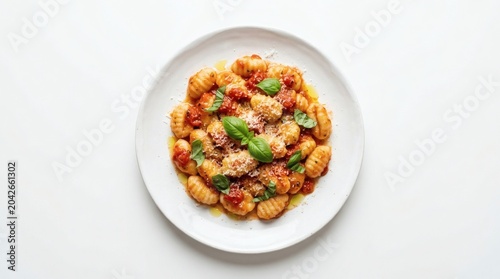 Gnocchi Plate Top View Potato Gnocchi With Tomato Sauce And Basil On White Round Ceramic Plate Isolated On Pure White Background Premium Italian Restaurant Presentation
