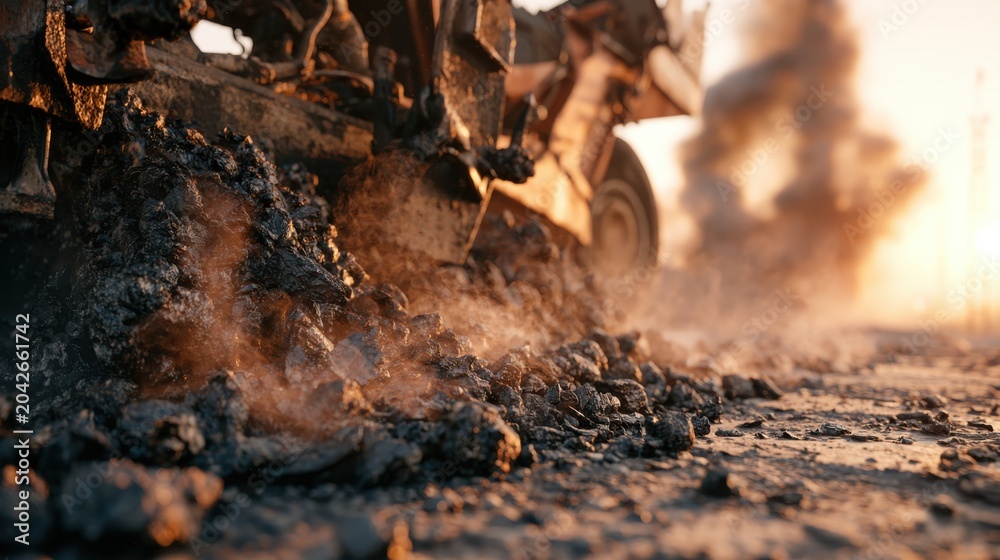Fototapeta premium Steaming hot asphalt being poured from a paving machine onto a new highway.