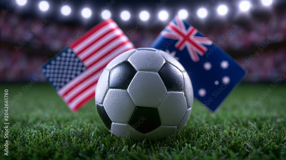 Fototapeta premium Soccer ball on stadium grass between United States vs Australia national flags, international football match concept under dramatic stadium lights