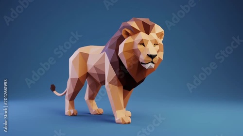 Low poly 3D animated lion walking on blue background