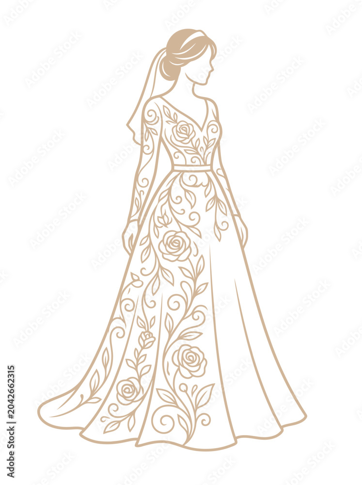 Fototapeta premium Elegant Bride in Floral Lace Wedding Gown Line Art Illustration
