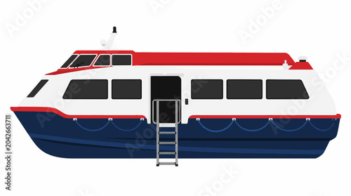 Konstfotografi Modern passenger ferry boat with red and blue accents, isolated on white backgro
