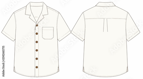 Bild auf Leinwand White short sleeve camp collar shirt front and back flat vector sketch for fashi