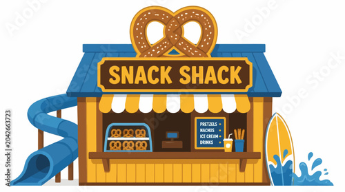 Photos Snack Shack with Pretzel Sign and Surfboard, Summer Beach Vibe