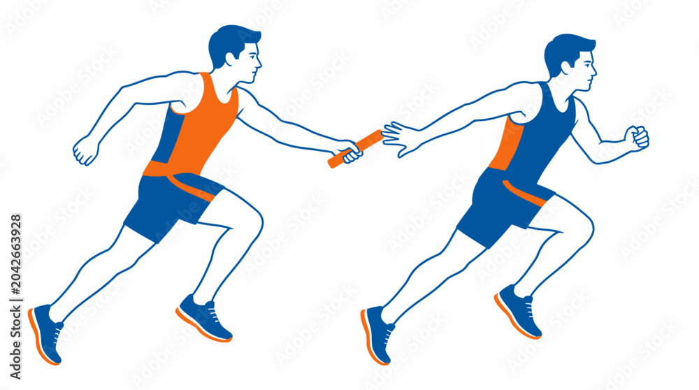 Fototapeta premium Athletes running in a relay race, passing a baton, graphic illustration