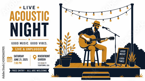 Cuadro en lienzo Live Acoustic Night poster design with musician playing guitar on stage under st