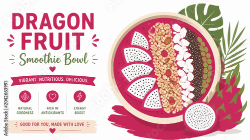 Bild auf Leinwand Dragon fruit smoothie bowl with granola and fresh fruit, vibrant and nutritious breakfast concept, vector illustration