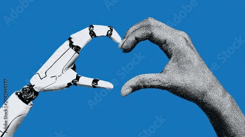 Digital illustration combining white jointed robotic hand and halftone grayscale human hand, fingertips connecting to form heart silhouette on solid blue backdrop