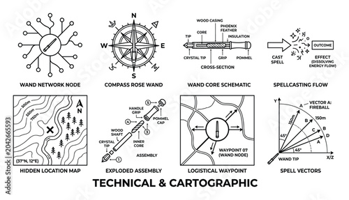 Technical cartographic wand magic symbols compass rose map wand core schematic spellcasting flow vectors.