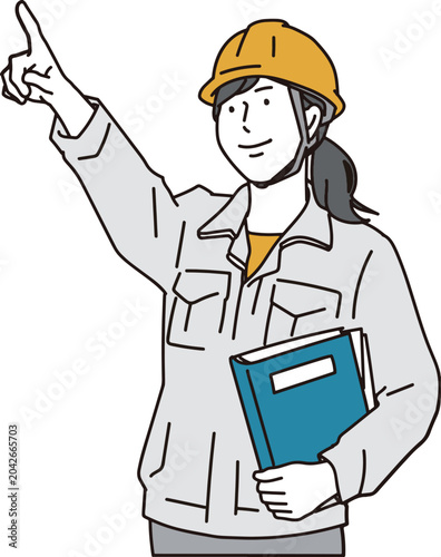 上を指さす女性作業員
