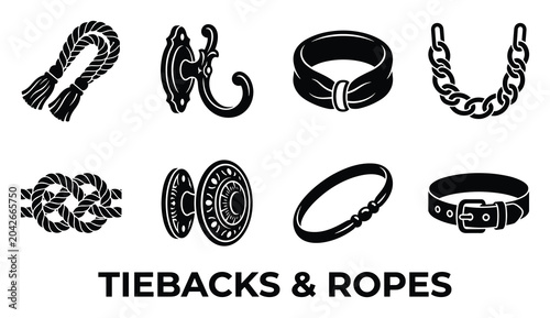 Tiebacks and ropes icons vector set with decorative elements for curtains and interior design applications.