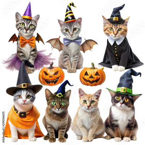 Adorable cats in Halloween costumes with festive decorations