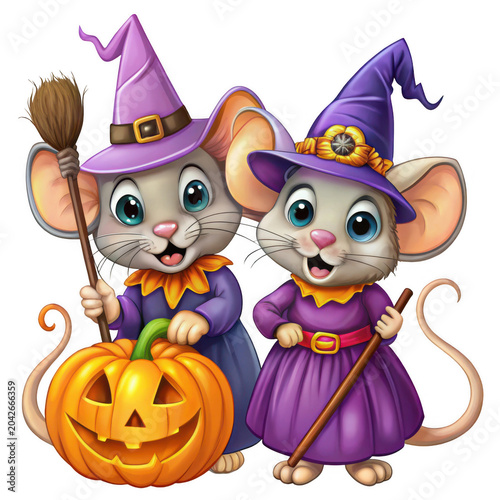 Cute mice in witch costumes celebrating Halloween with pumpkin