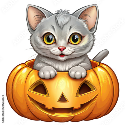 Cute gray kitten peeking out of a jack-o-lantern on Halloween