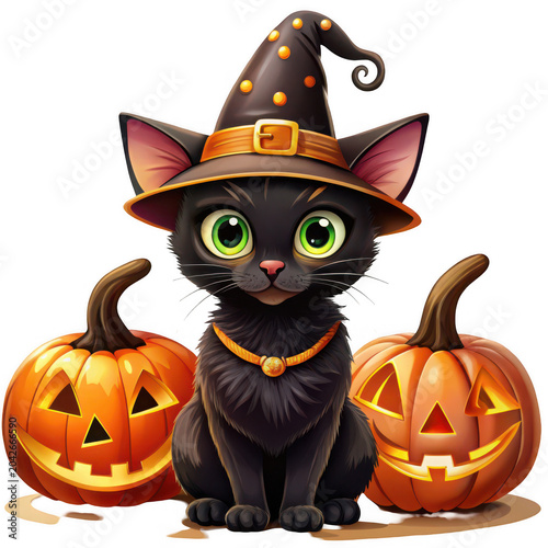 Adorable black cat in witch hat with pumpkins for Halloween