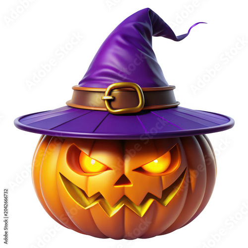 Spooky jack-o-lantern wearing purple witch hat for Halloween