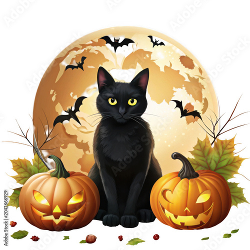 Black cat sitting with jack-o-lanterns on Halloween night
