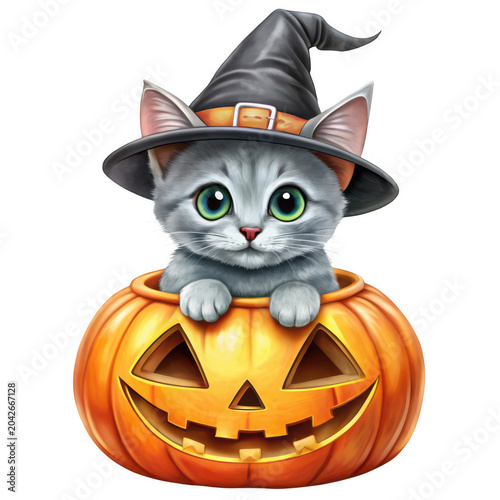 Cute gray kitten in witch hat sitting in jack-o-lantern for Halloween