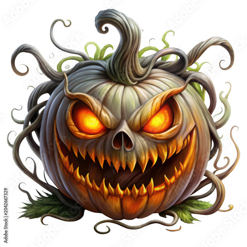 Spooky Halloween pumpkin with glowing eyes and sharp teeth