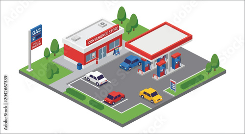 Obraz na płótnie convenience store and gas station vector illustration cars building trees