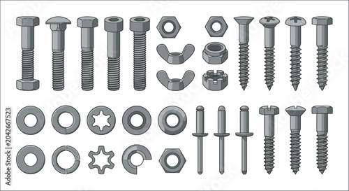 Fotografía hardware collection vector illustration screw bolt nut washer fastener rivet
