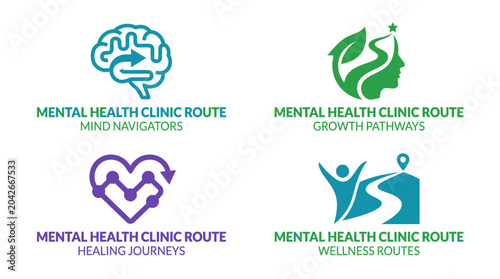 Mental health clinic route logos for mind, growth, healing, and wellness pathways