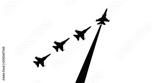 Four fighter jets flying in formation, one jet ascends sharply, creating a dynamic aerial display.