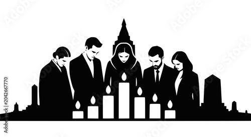 Картината върху платно Mourning People Silhouette with Candles and Cityscape
