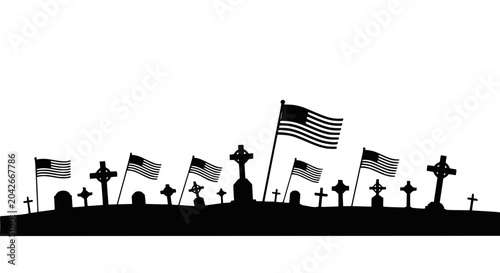 Tableau sur toile American Cemetery Memorial Silhouette with US Flags
