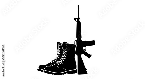 Bild auf Leinwand Silhouette of military boots and assault rifle on white background