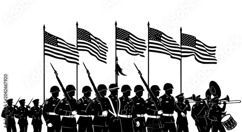 Cuadro en lienzo Military Parade with American Flags and Marching Band Silhouette
