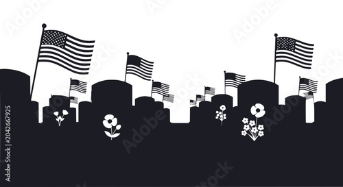 Photos American flags wave over silhouettes of monuments and flowers, patriotic memorial day concept