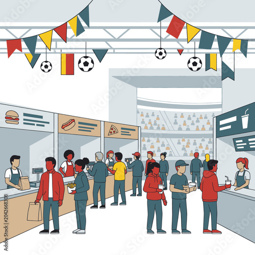 Foto Crowd of people enjoying food and drinks at a stadium concession stand during a sporting event