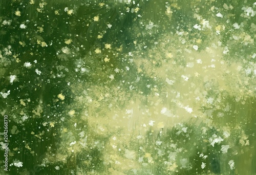 Soft Diffuse Abstract Green And Yellow Blurry White Shapes Visible Brushwork Scattered Particles Warm